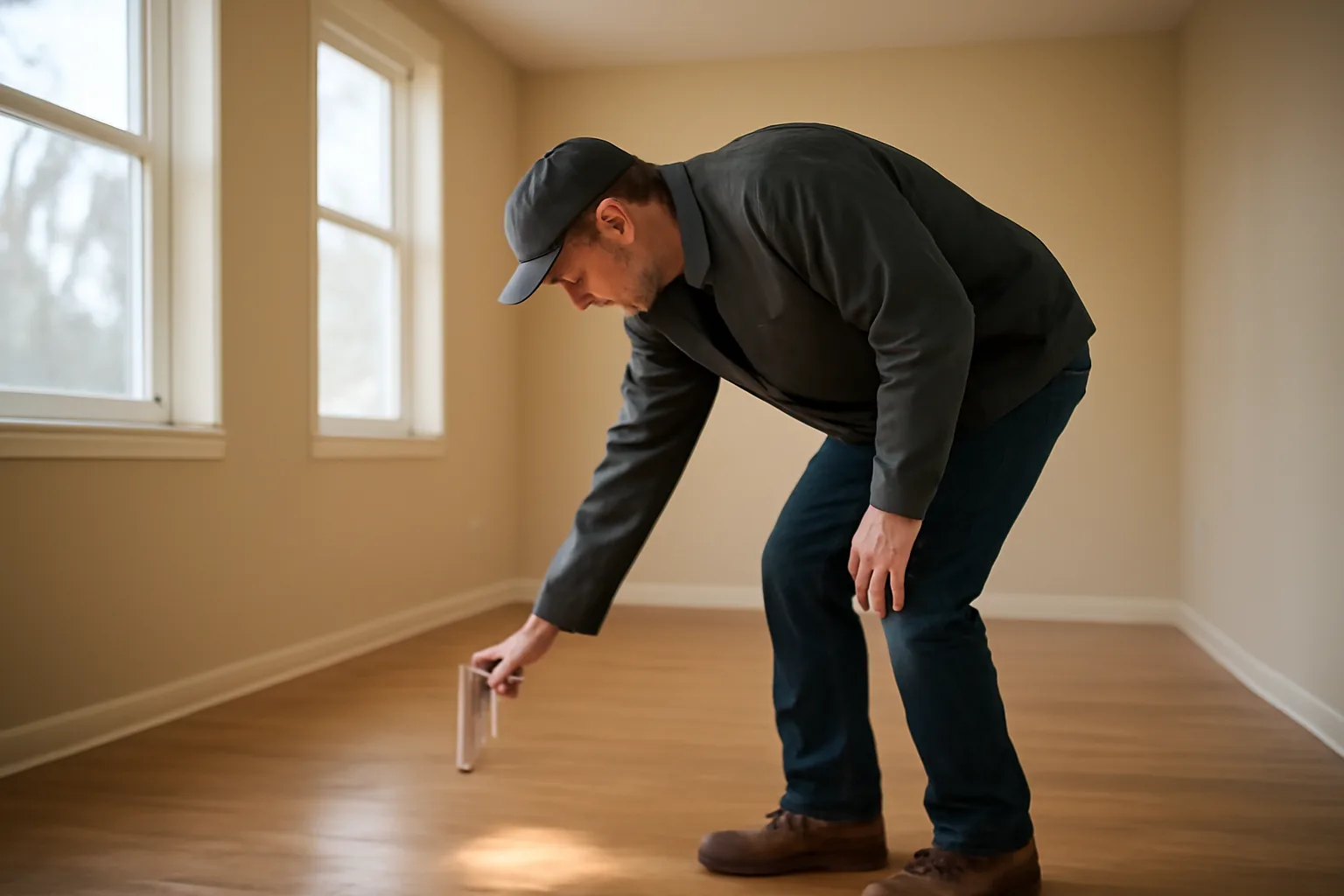 Landlord conducting a walk-through inspection in an empty sunlit rental unit