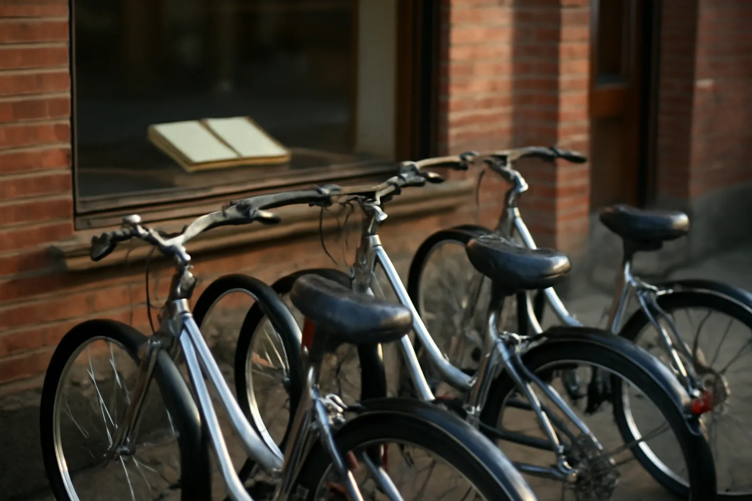 Rental bicycles parked outside a storefront near a residential rental property