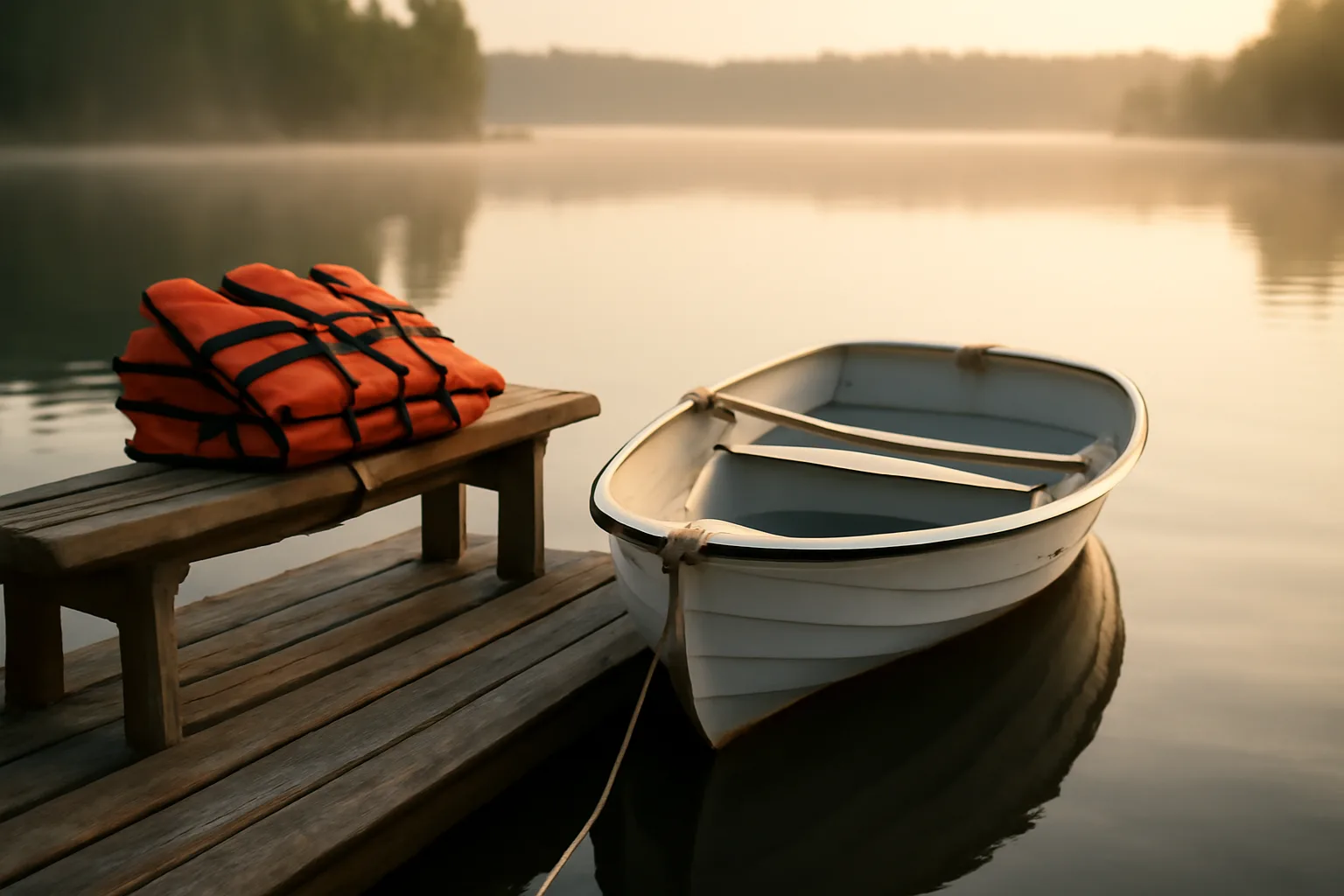 Rental boat docked at a quiet marina at sunrise with life jackets on a bench