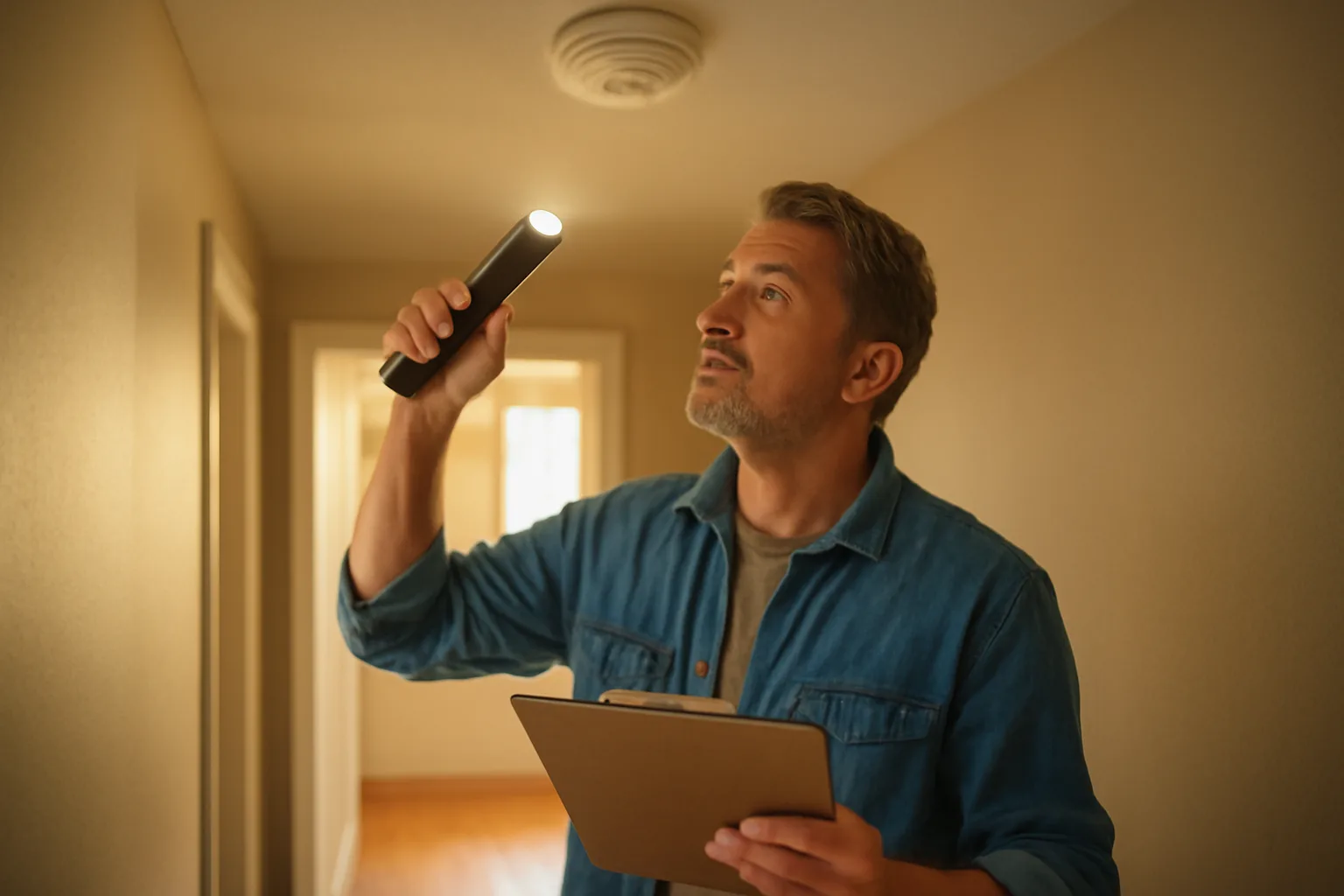 Landlord inspecting a smoke detector in a rental unit hallway during a walkthrough