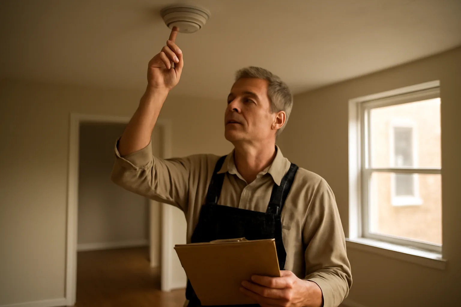 Landlord inspecting a smoke detector in an empty rental apartment unit