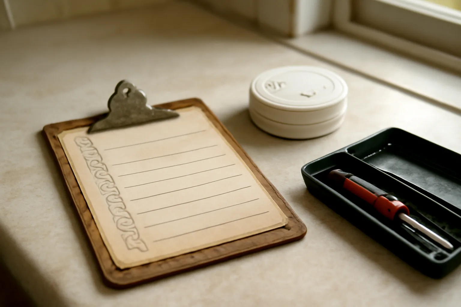 Landlord inspection checklist and tools on a kitchen counter during a rental unit walk-through