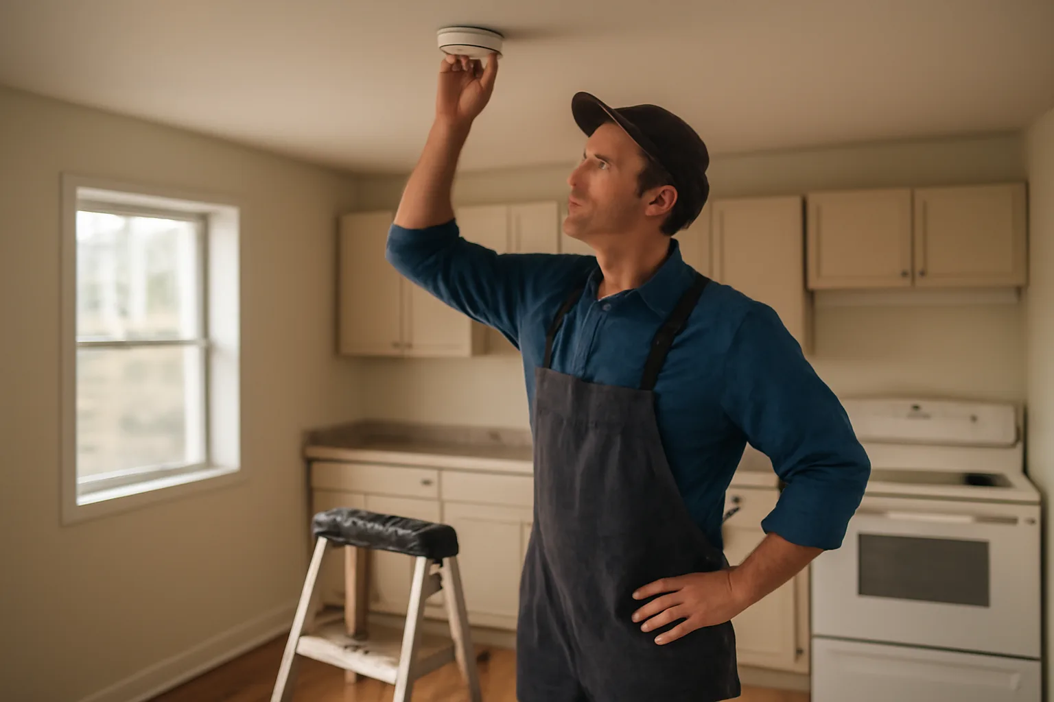 Landlord checking a smoke detector during a rental unit inspection before licensing