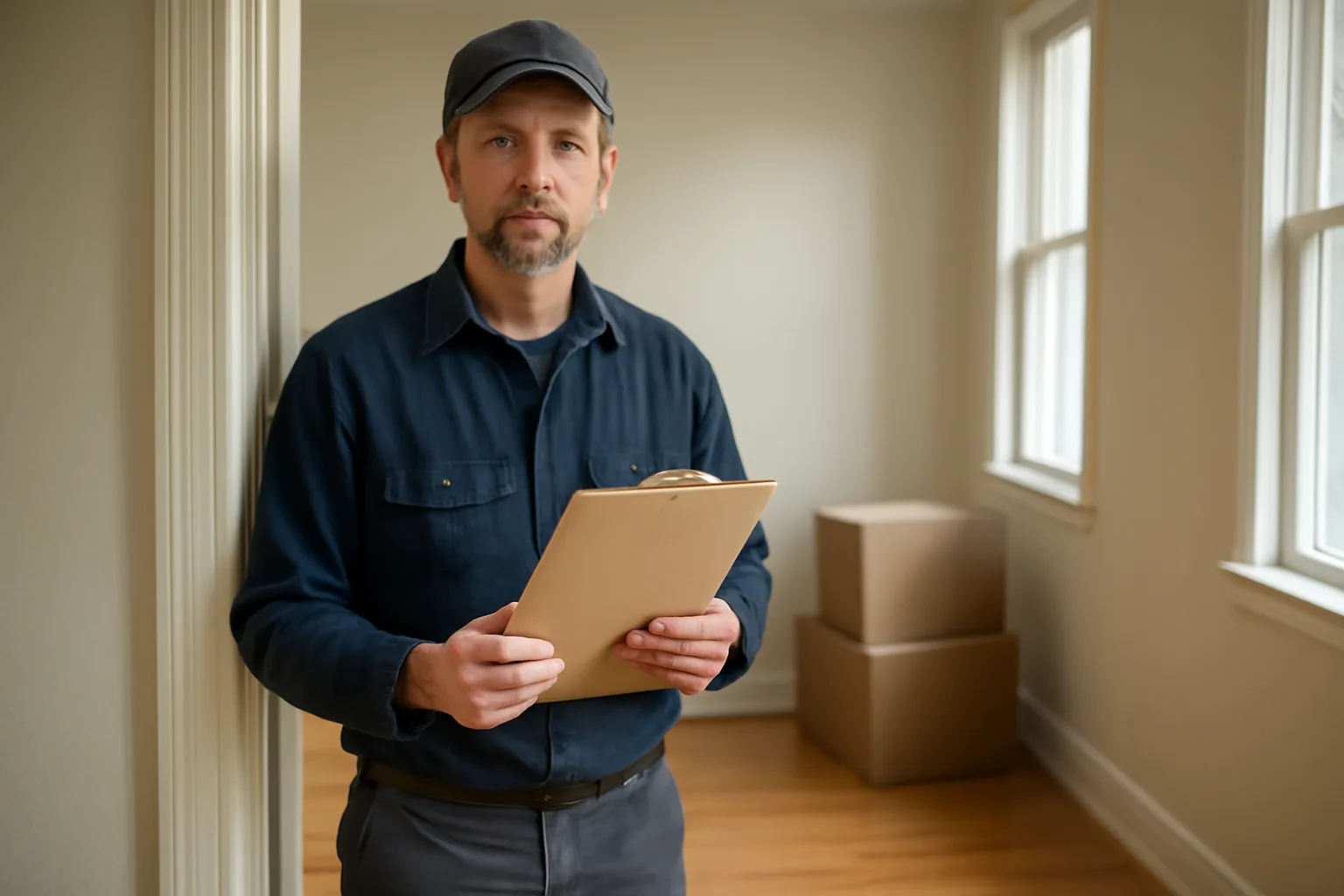 Landlord holding a clipboard inspecting an empty rental unit before move-in