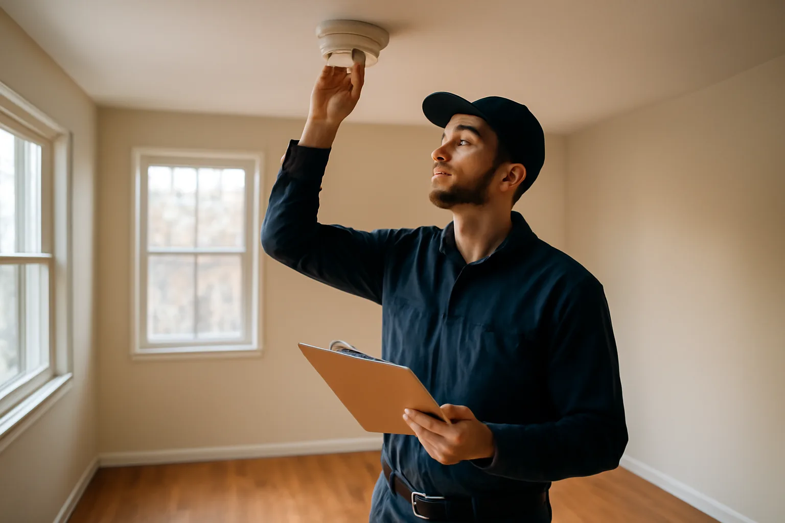 Landlord inspecting a smoke detector during a rental unit walk-through inspection