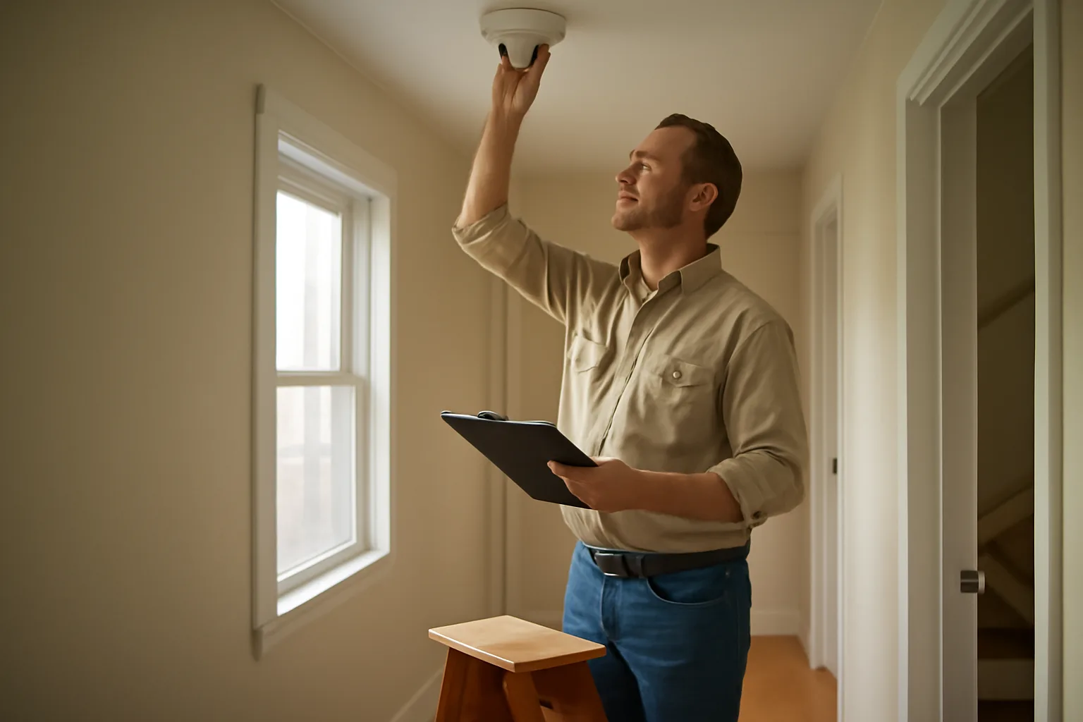 Landlord inspecting a smoke detector during a rental unit walkthrough