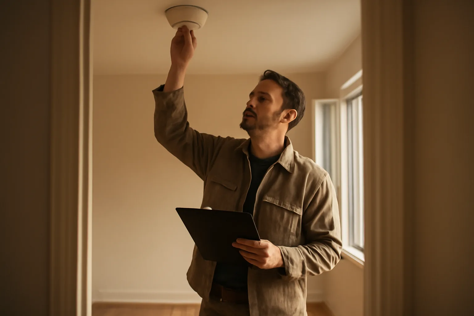 Landlord inspecting a smoke detector in an empty rental unit during a compliance check