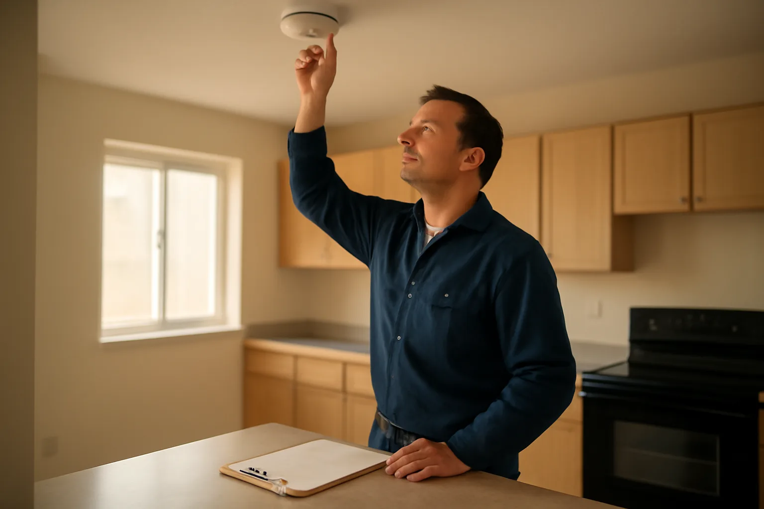Landlord checking smoke detector during a rental unit walk-through inspection