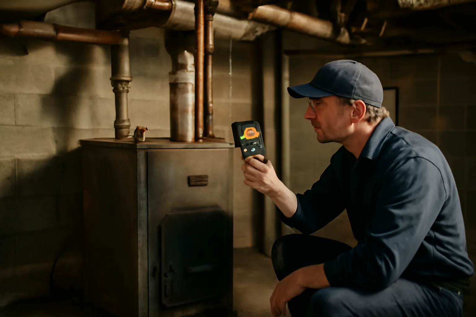 Technician using a thermal imaging camera to inspect a residential rental boiler