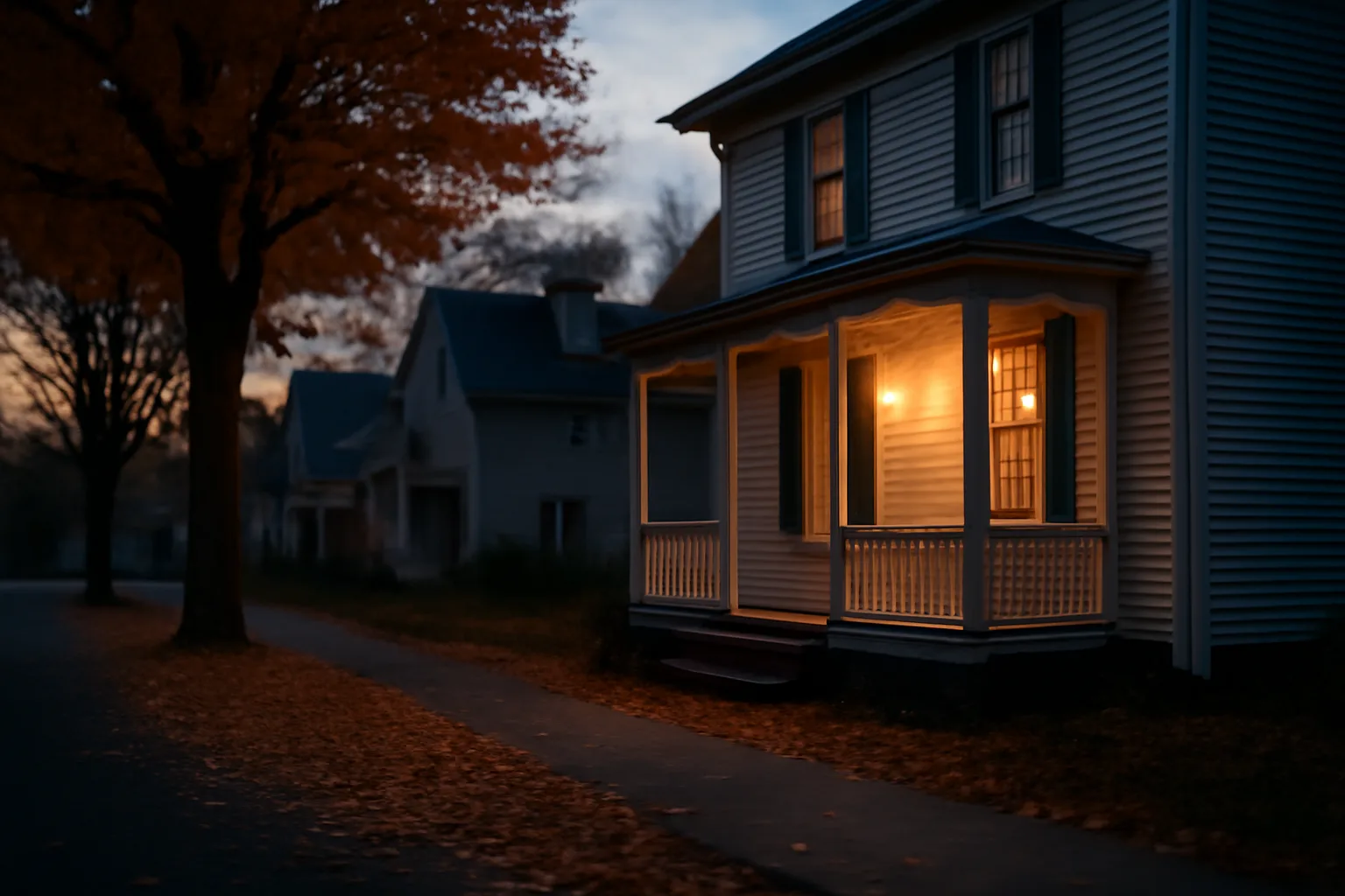 Clapboard triplex rental building on a Maine street at dusk