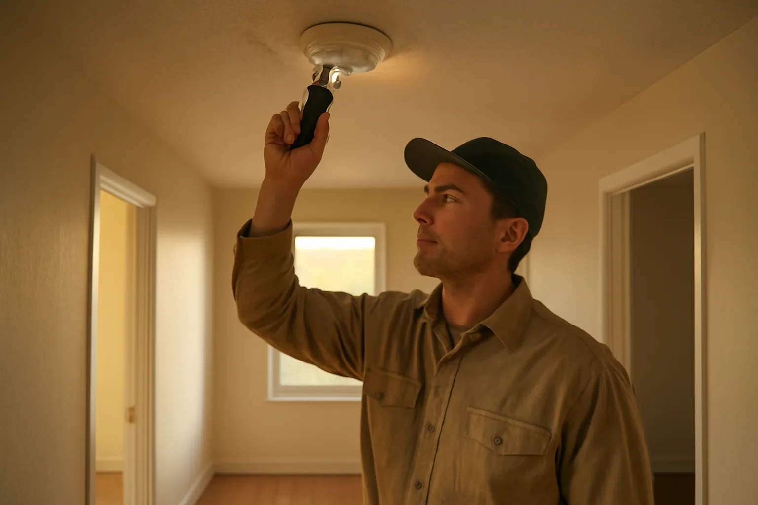 Landlord checking a smoke detector during a rental unit inspection in New York