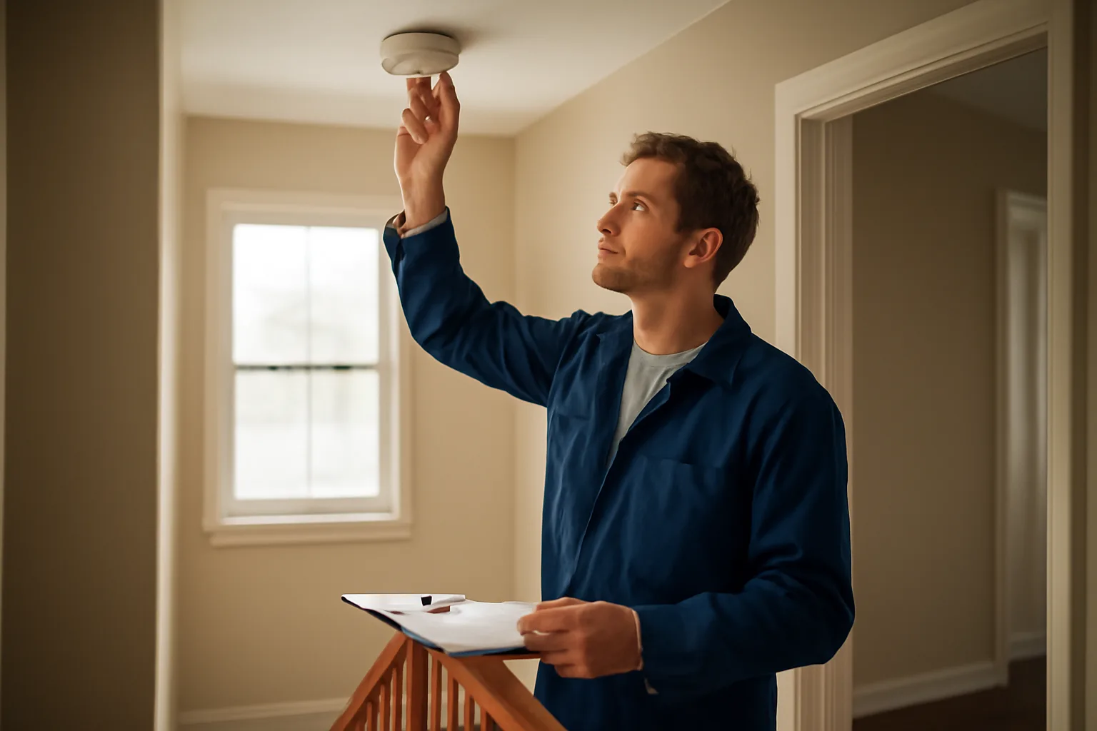 Landlord checking a smoke detector during a rental license renewal inspection walkthrough
