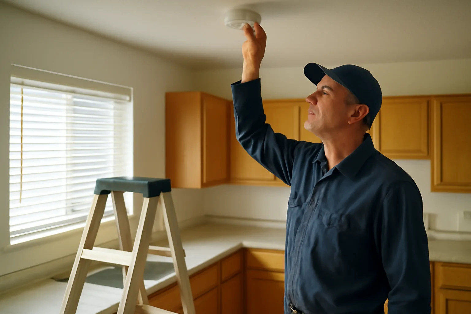 Landlord checking a smoke detector during a rental unit inspection walk-through