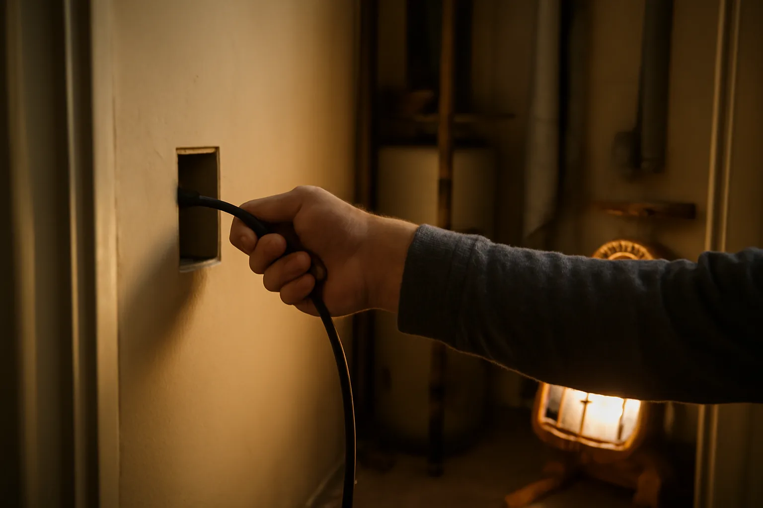 landlord hand inserting a borescope inspection camera cable into a wall access hole