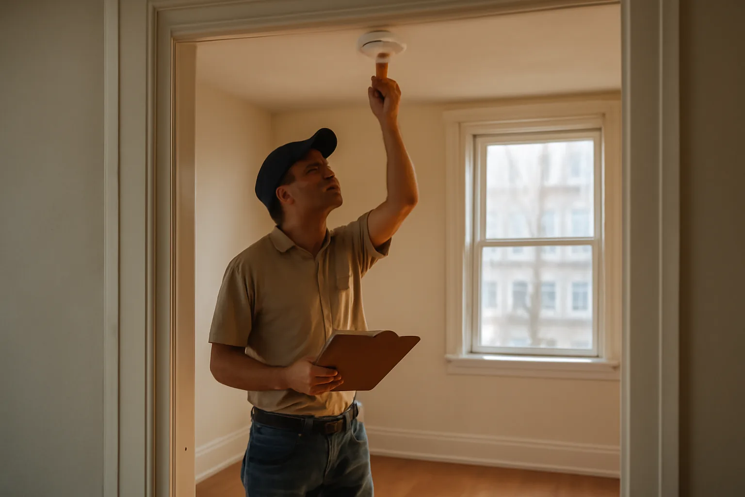 Landlord checking a smoke detector during a rental unit inspection in Boston