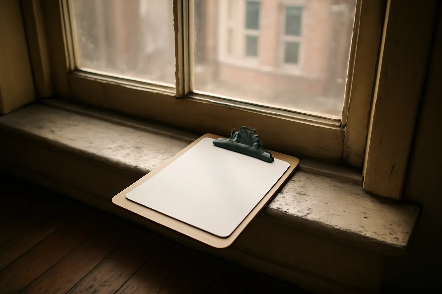 Inspector's clipboard on a windowsill during a Boston rental unit inspection walkthrough