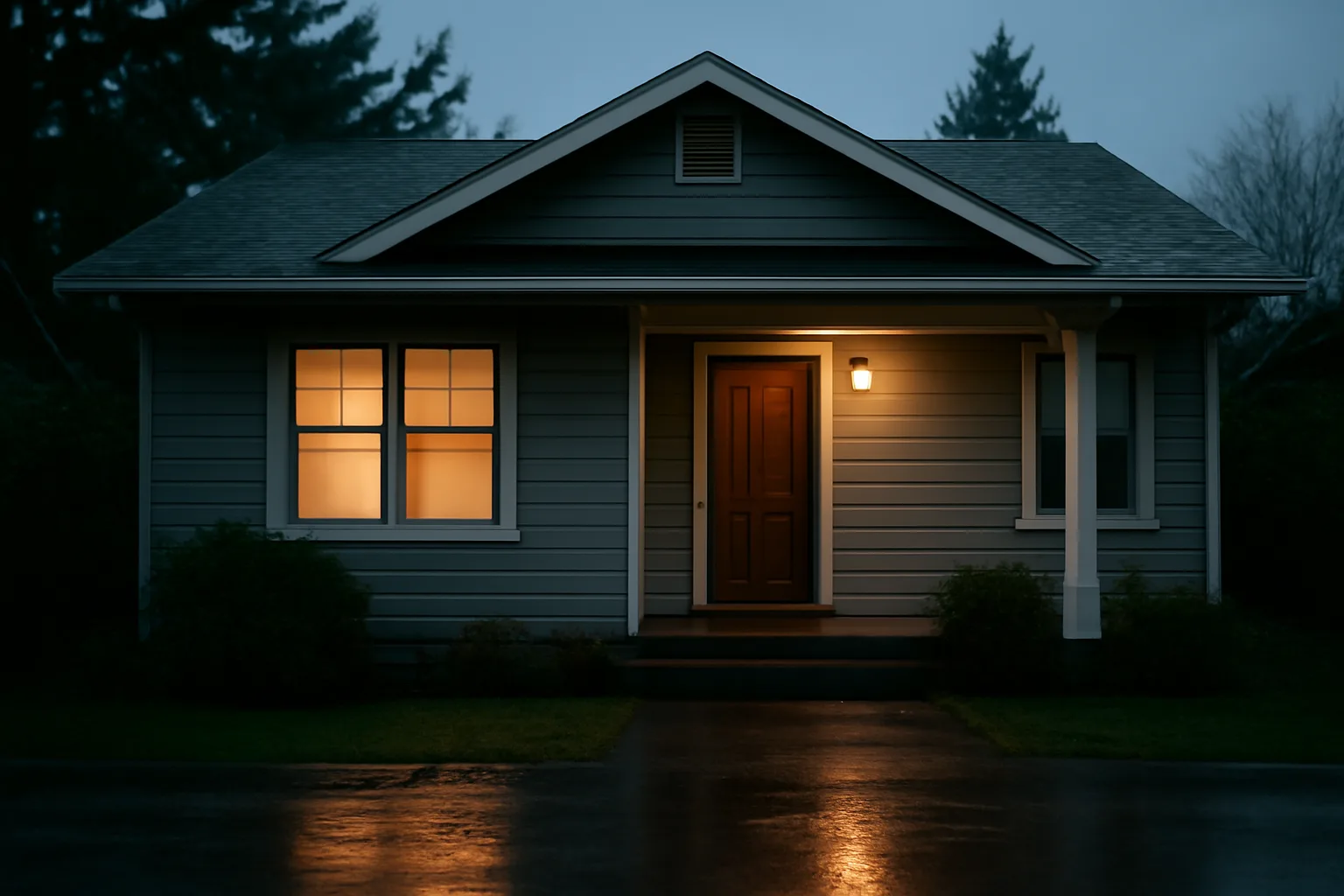 Suburban Bothell Washington rental home exterior at dusk with porch light on