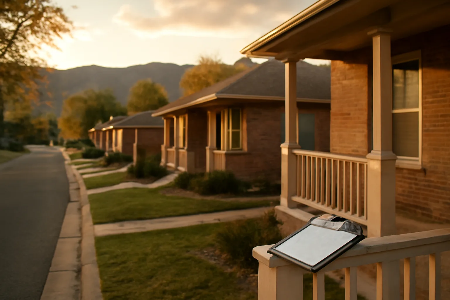 Residential duplex street representing Boulder County rental license jurisdictions at dusk