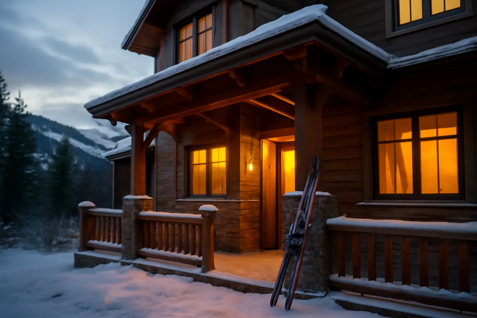 Snowy Breckenridge-style condo exterior with porch light and leaning skis at dusk