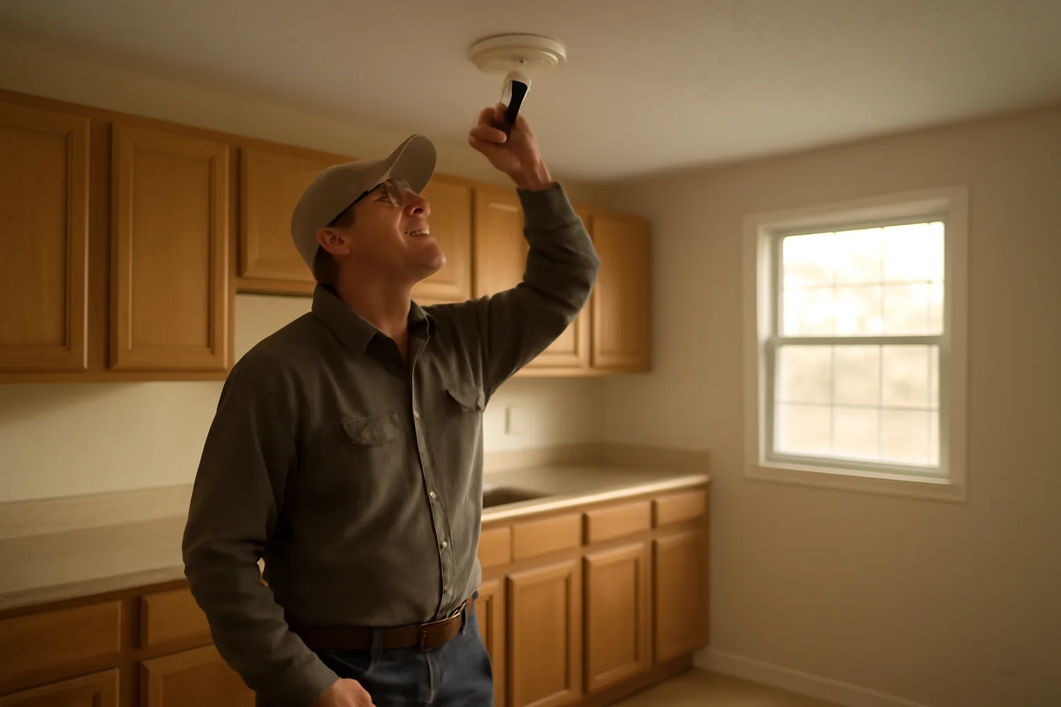 Landlord checking a smoke detector during a rental unit inspection