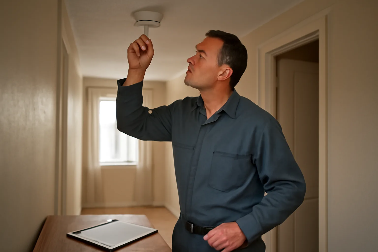 Landlord testing a smoke detector during a rental unit inspection walkthrough