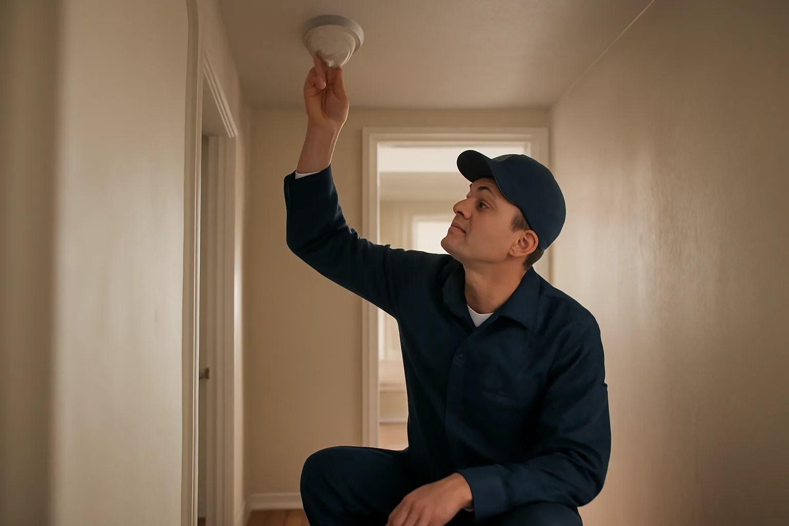 Landlord testing a smoke detector during a rental unit inspection walk-through