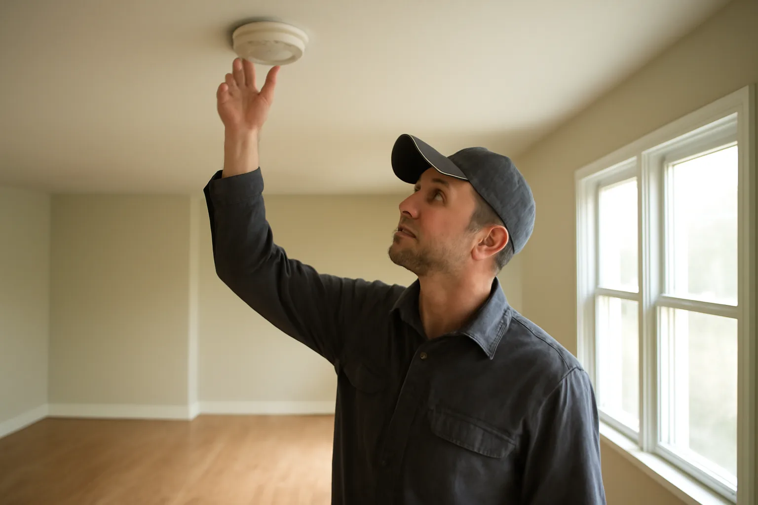 Landlord checking a smoke detector during a rental property walk-through inspection