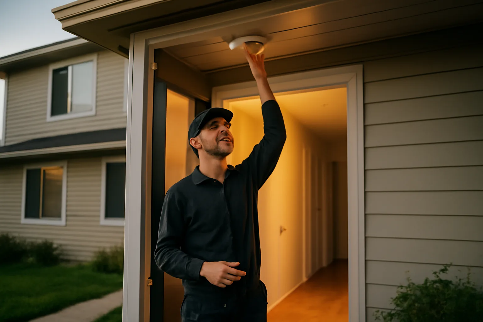 Landlord checking a smoke alarm inside a Brooklyn Center rental duplex hallway