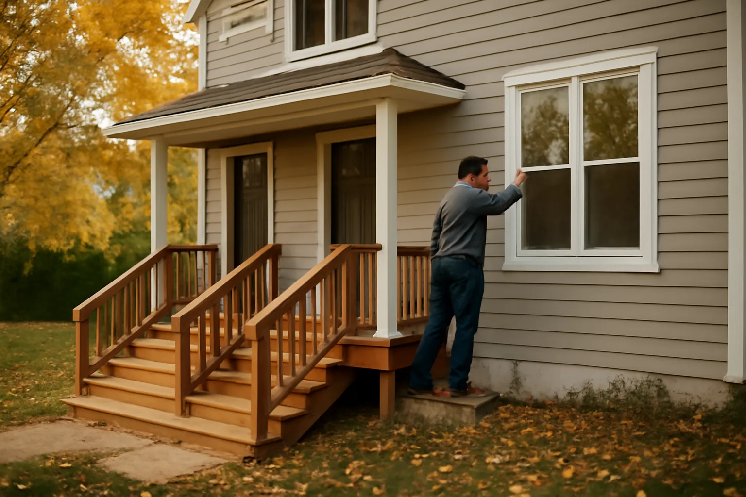 Landlord inspecting a rental duplex exterior ahead of a Brooklyn Park rental license inspection