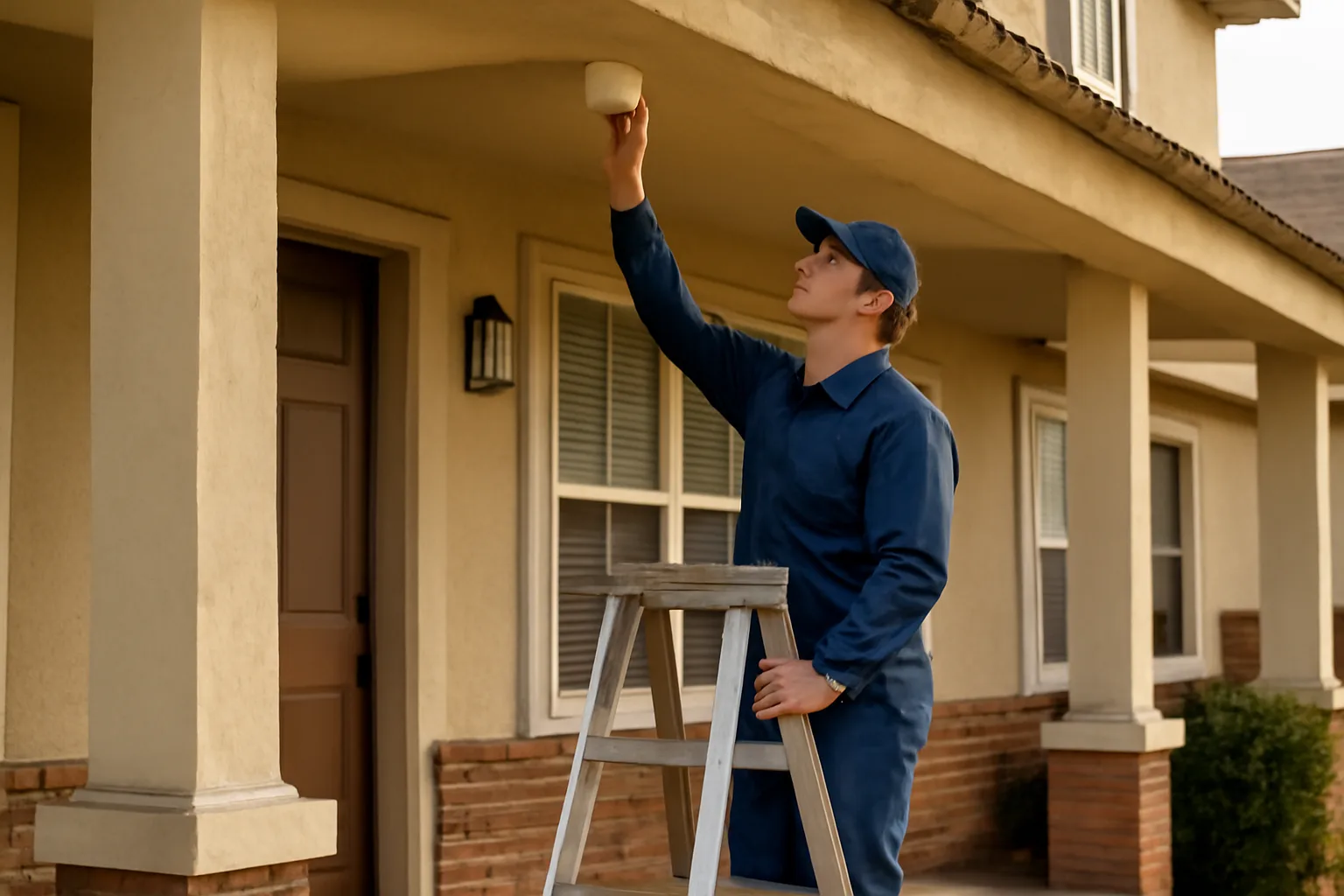Landlord checking a smoke detector on a rental property porch during an inspection