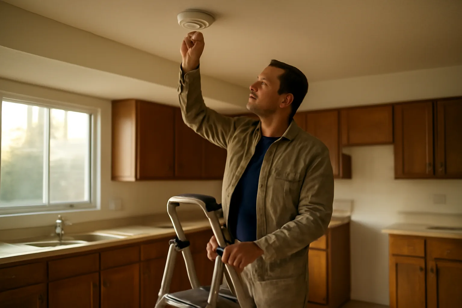 Landlord checking a smoke detector during a rental unit inspection
