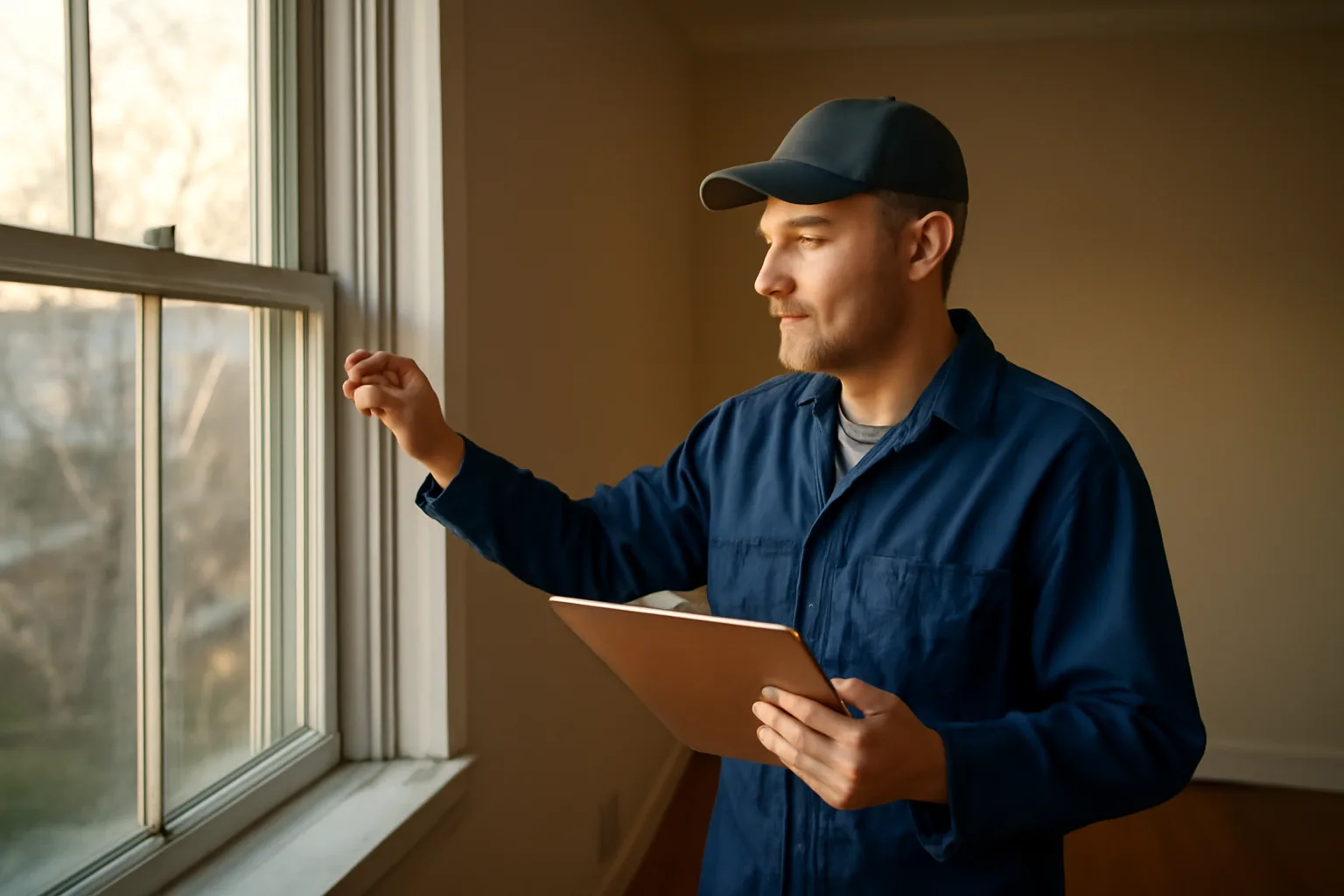 Landlord inspecting a window latch during a rental unit walk-through inspection