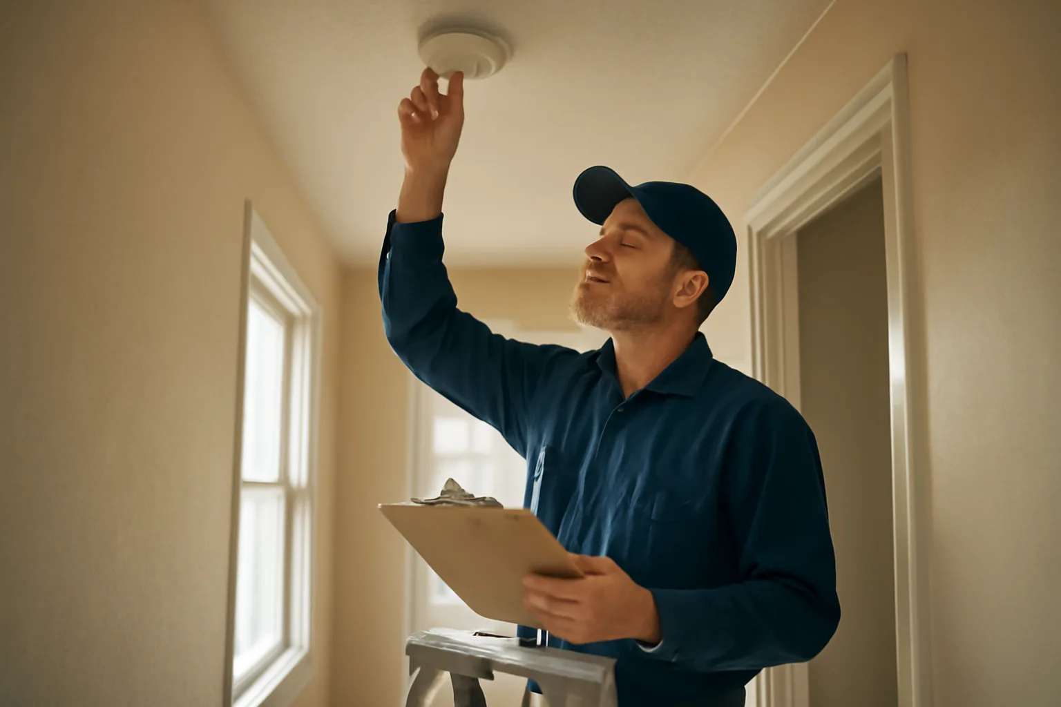 Landlord inspecting a smoke detector during a rental unit safety check