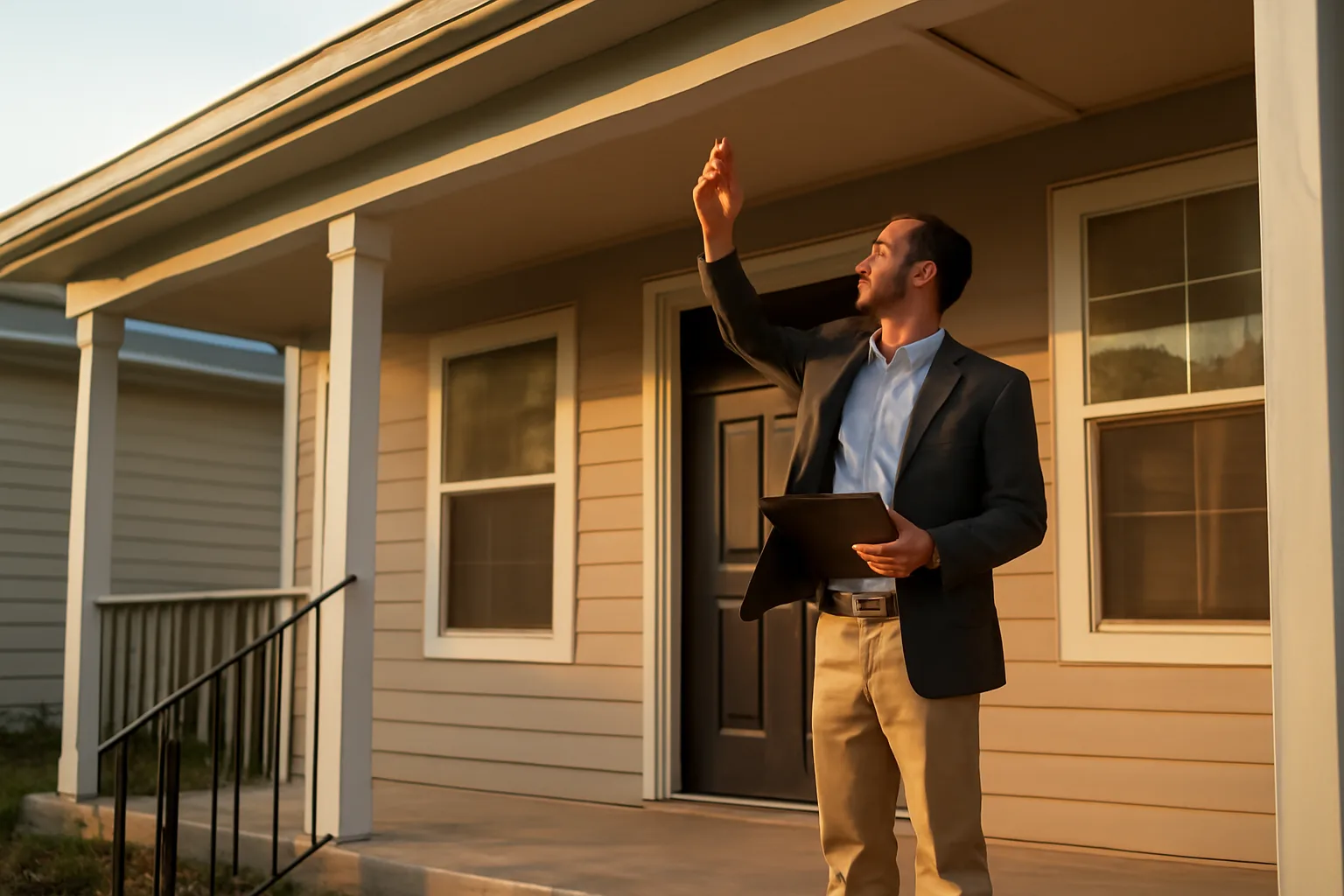 Landlord checking a smoke detector on a duplex porch during a rental inspection