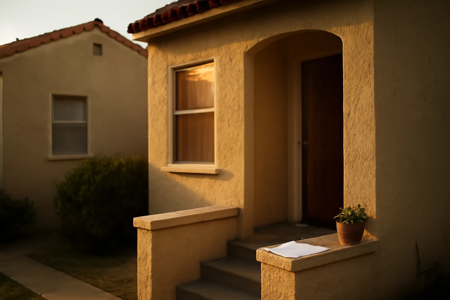 California duplex rental property exterior at sunset with clipboard on porch railing