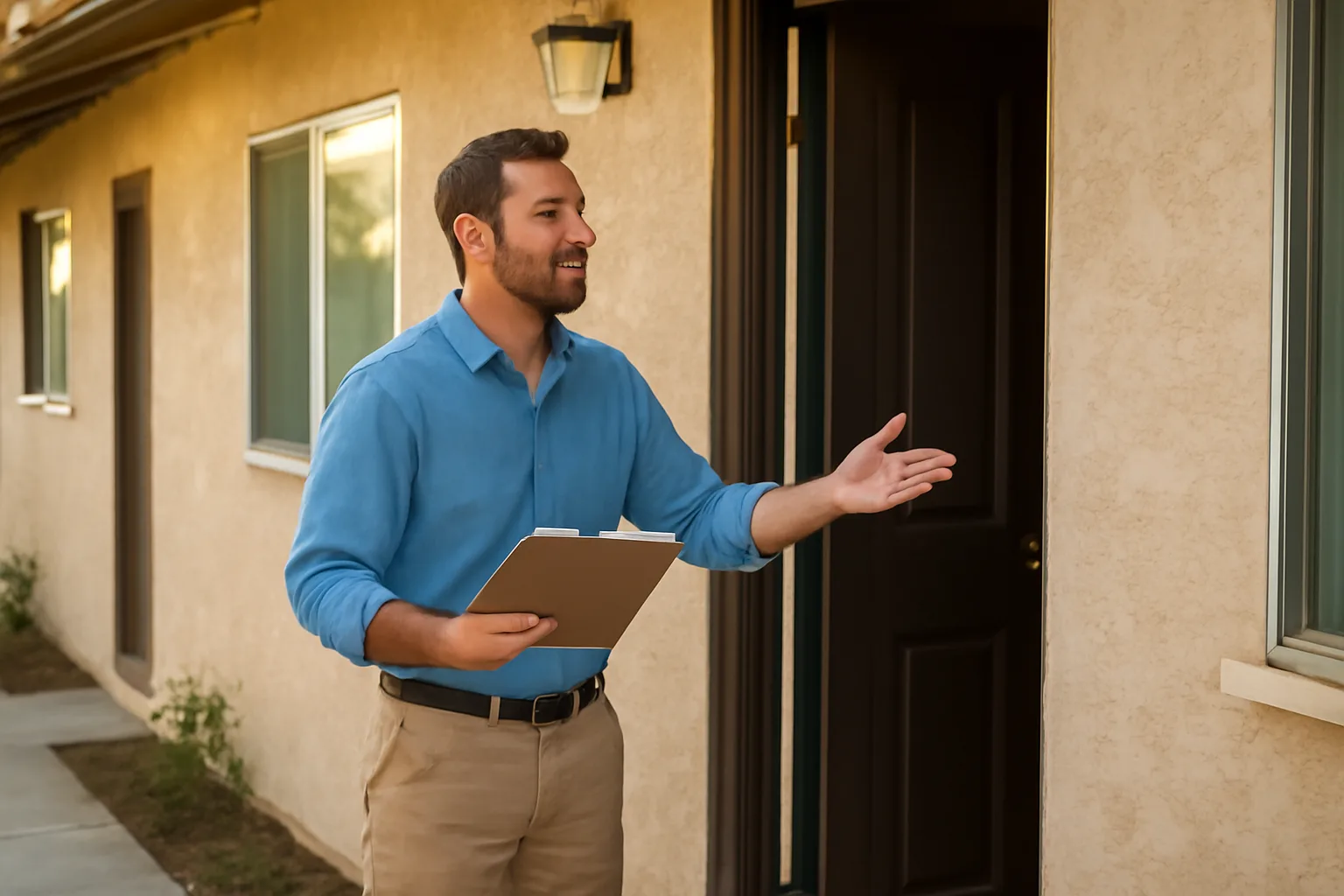 Landlord at a rental unit's front door discussing entry notice with a tenant