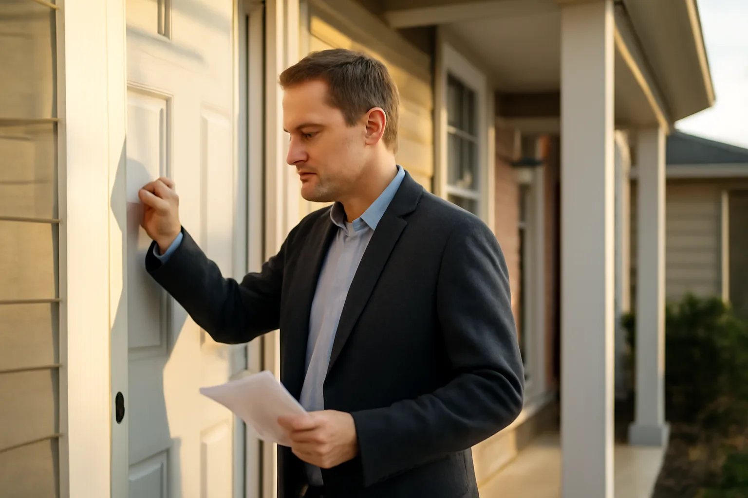 Landlord holding a written entry notice at a tenant's front door in California