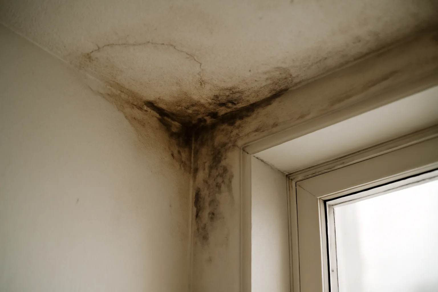 Water stain and mold growth on a rental apartment ceiling near a window