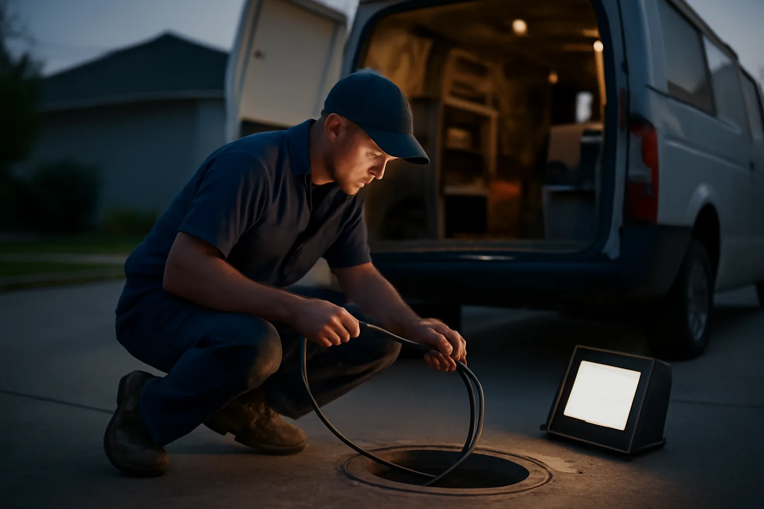 Plumber feeding camera cable into sewer line beside utility van at dusk