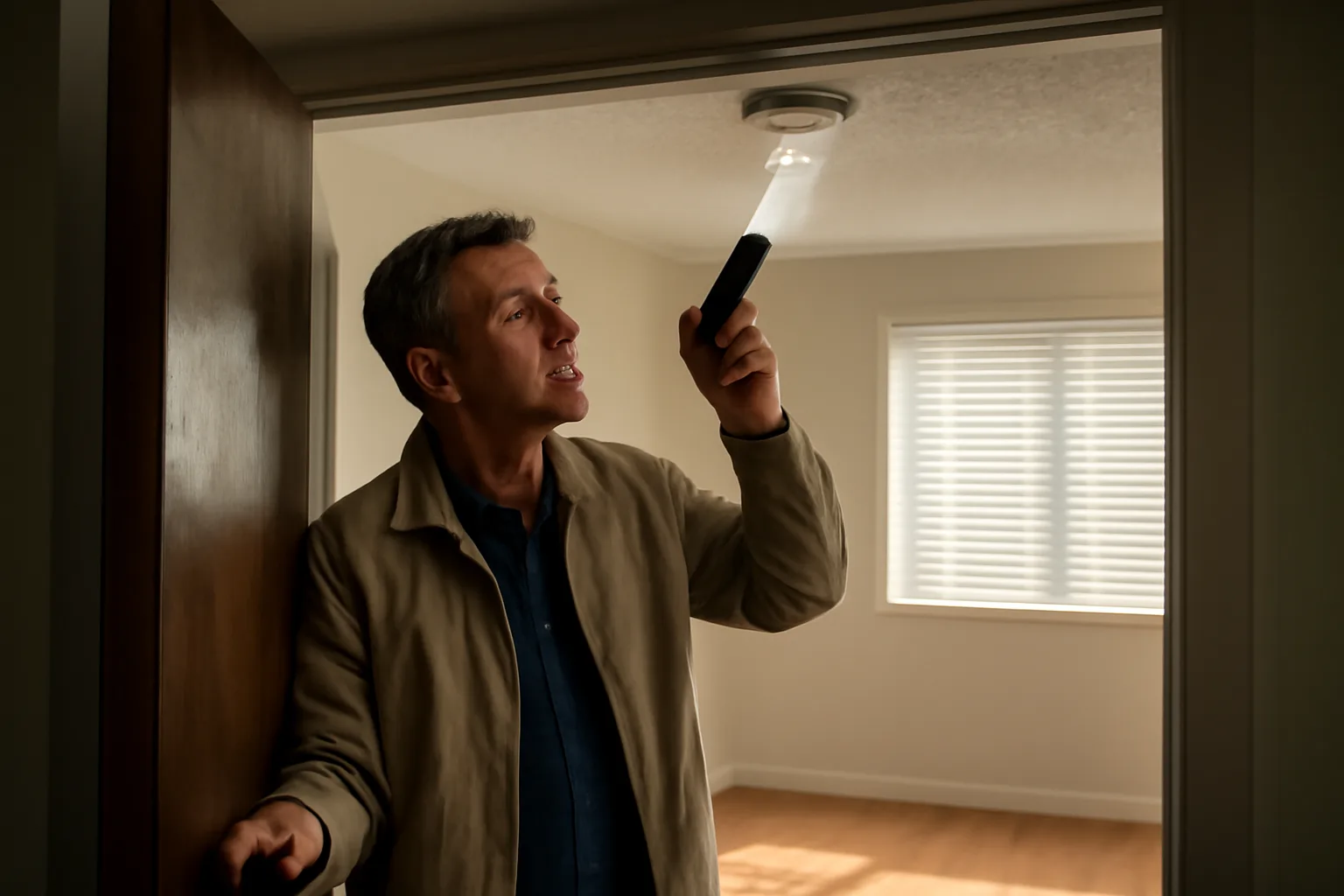 Landlord checking a smoke detector during an apartment inspection in daylight