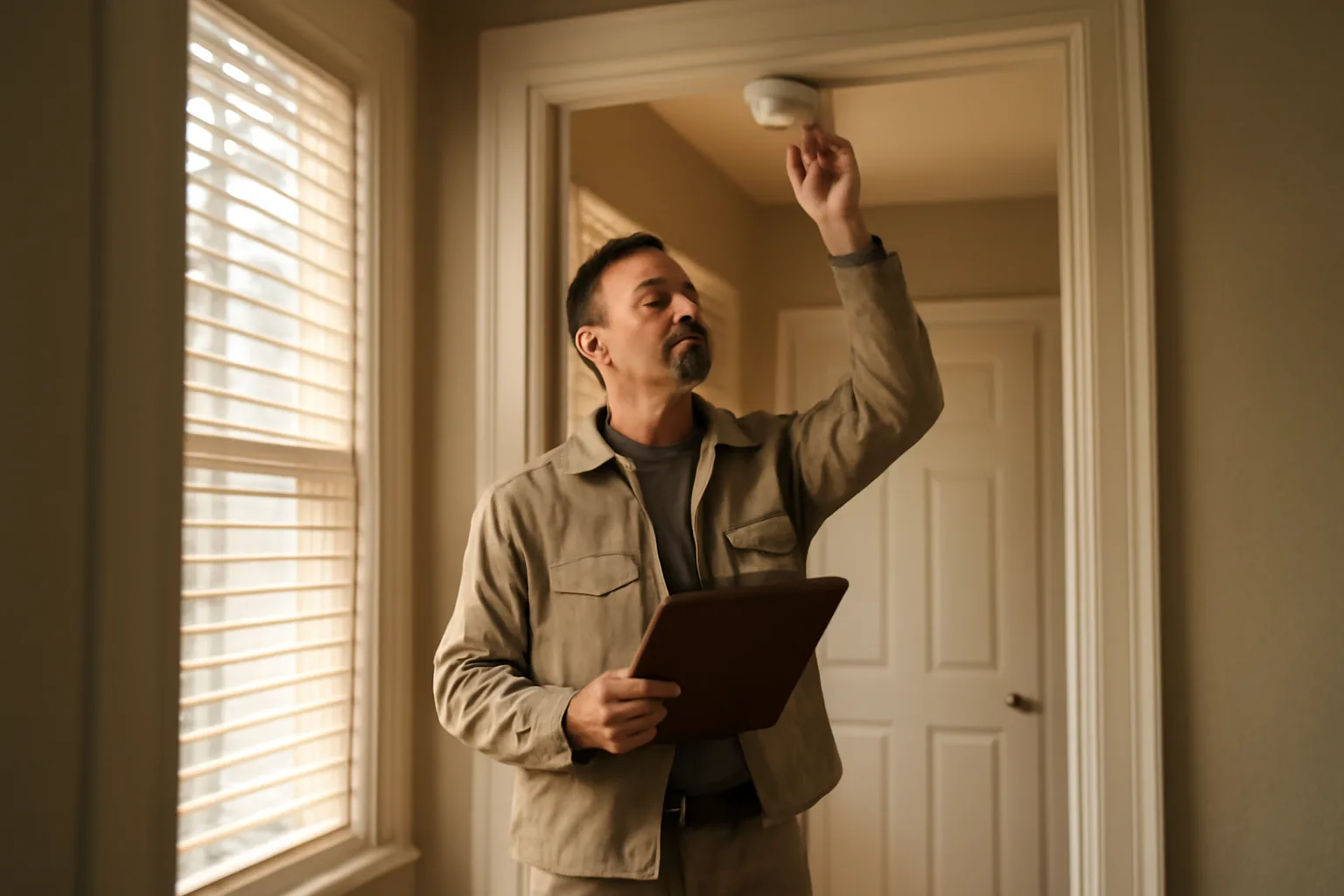 Landlord checking a smoke detector during a rental house inspection