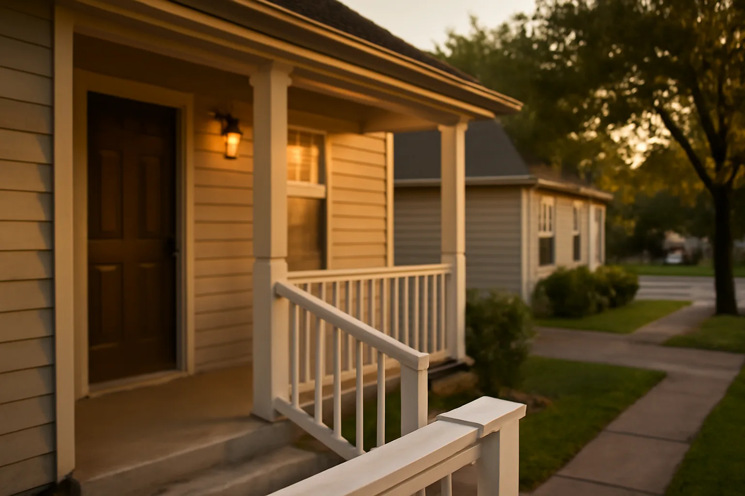 Front porch of a rental duplex with a folded notice letter on the railing at dusk