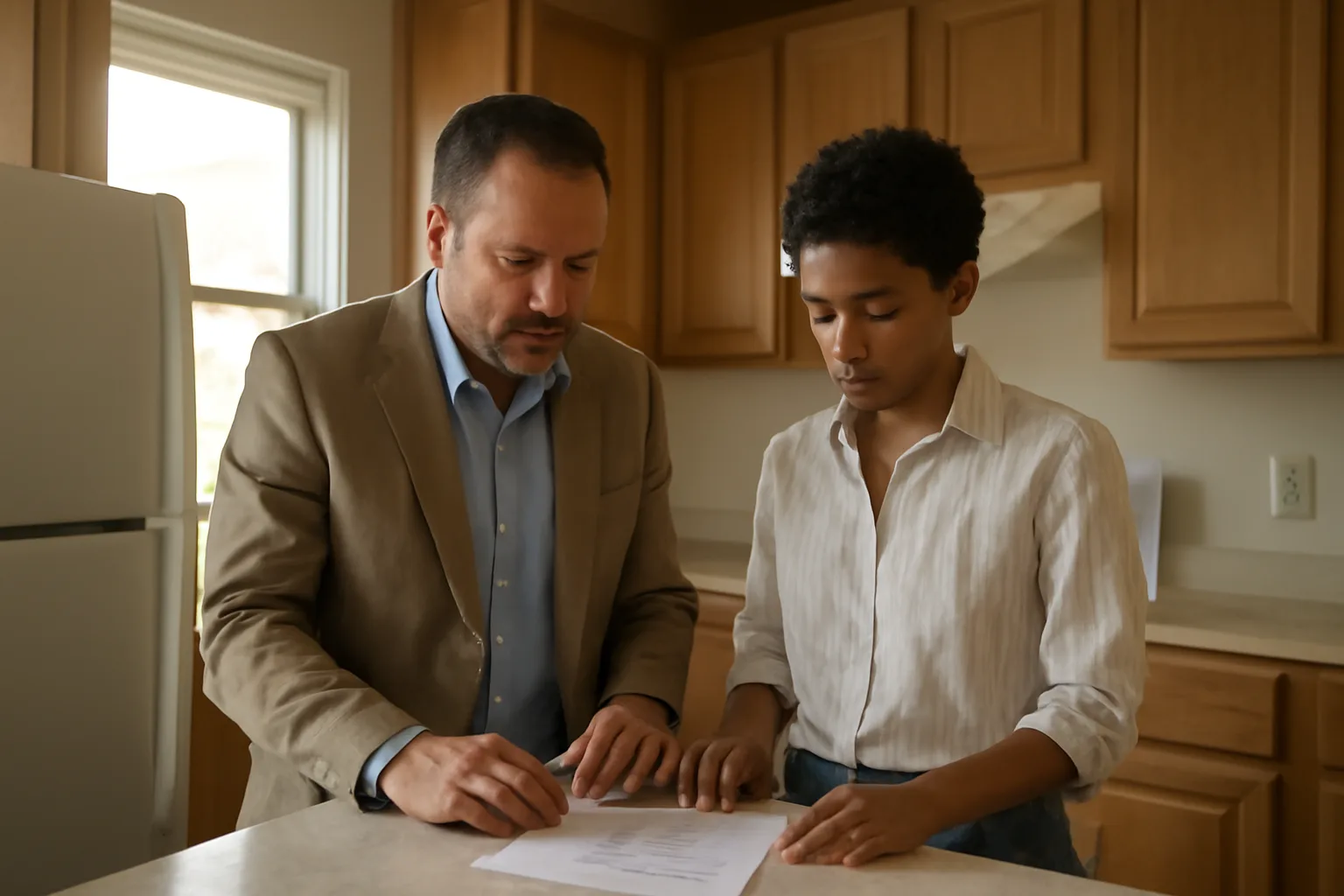 Landlord and tenant discussing lease terms in a sunlit New York apartment kitchen