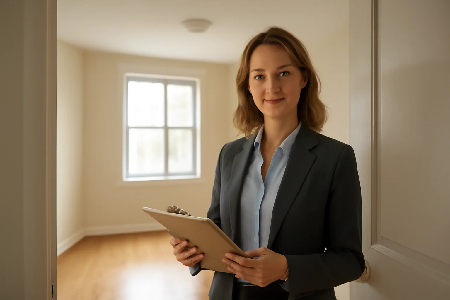 Landlord conducting a rental unit inspection in an empty apartment doorway