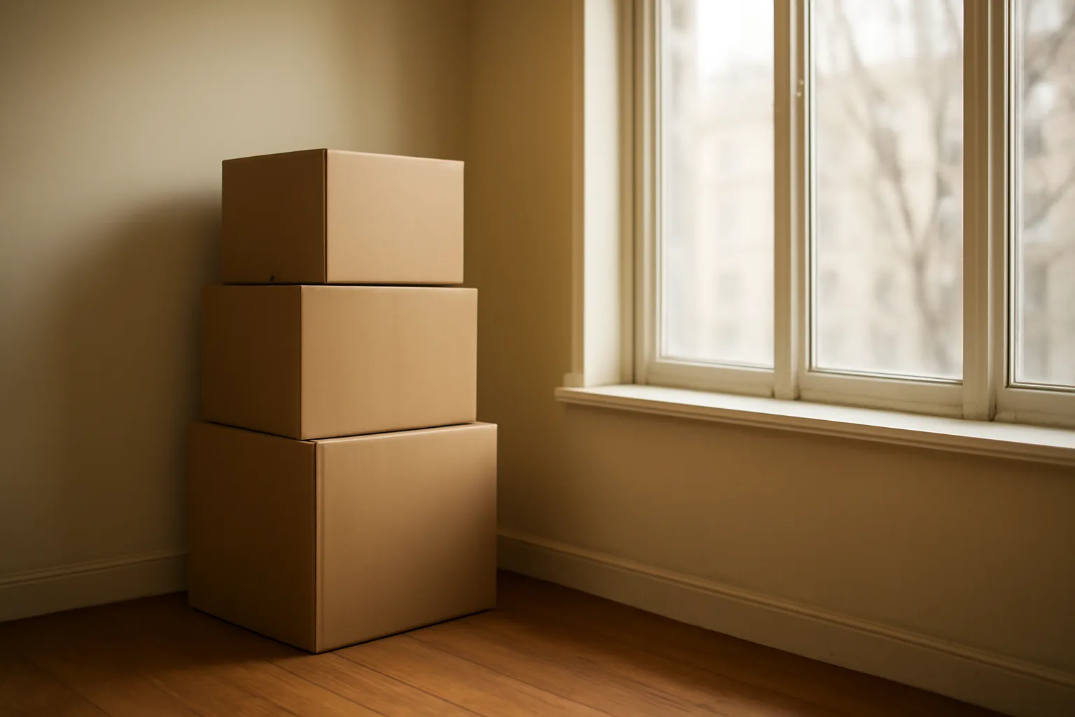 Empty rental apartment with moving boxes and keys after a tenant moves out