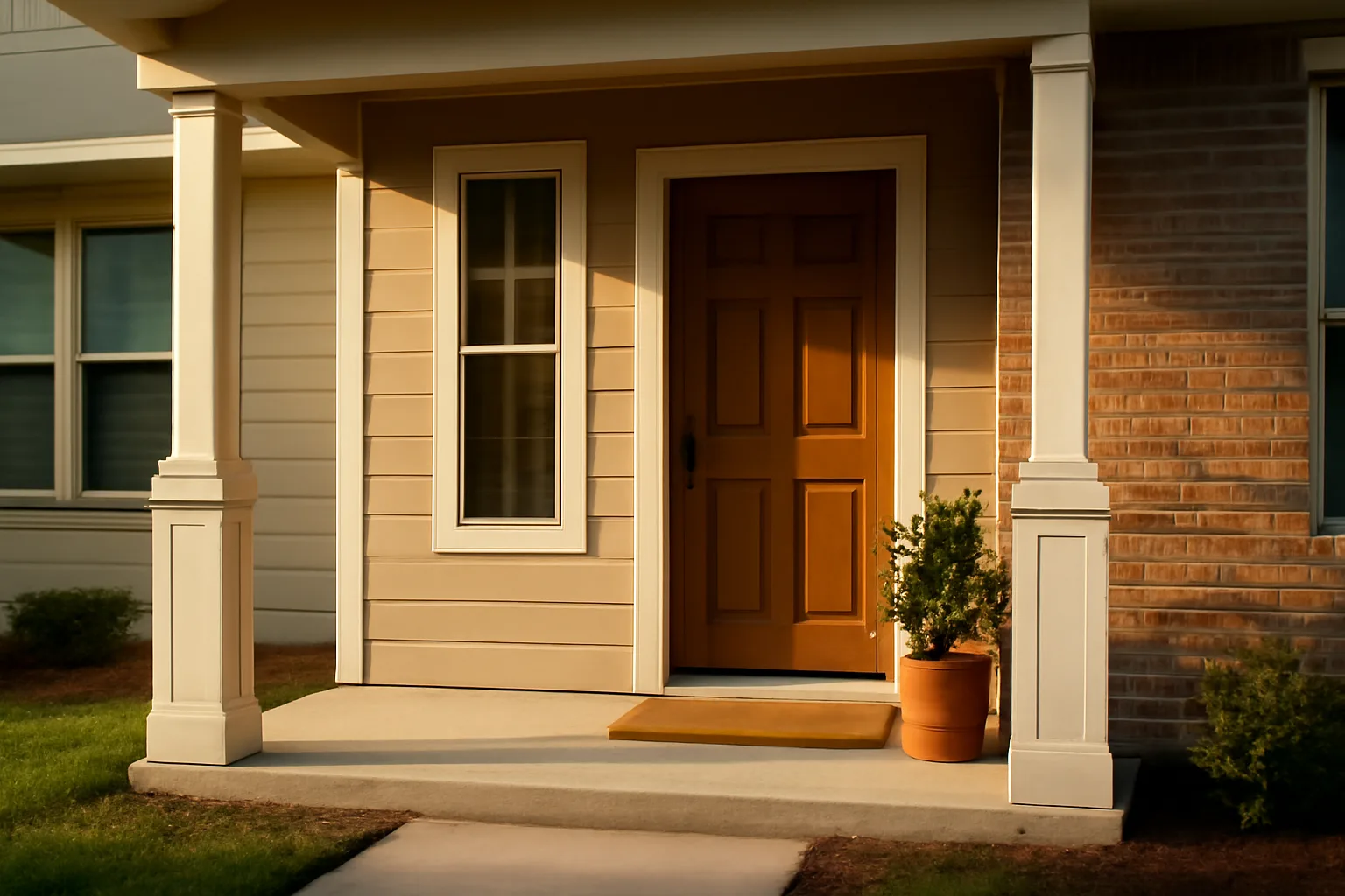 Front porch of a small Texas rental duplex in late afternoon light