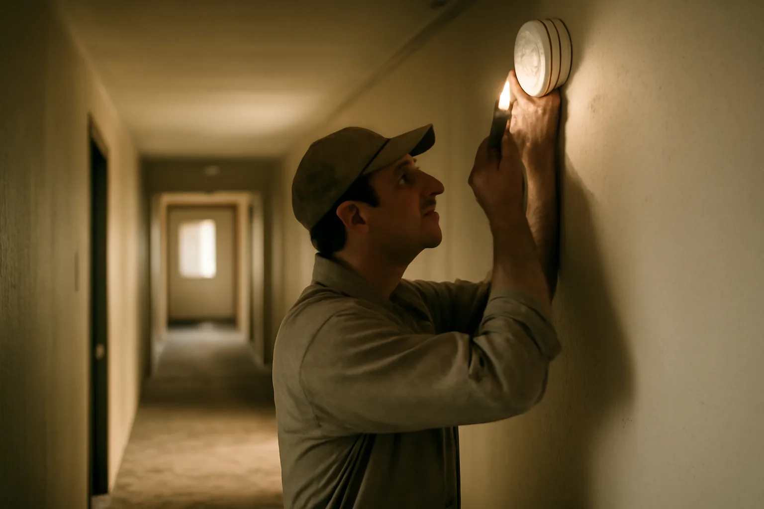 Maintenance worker inspecting a smoke detector in an apartment hallway during a rental inspection