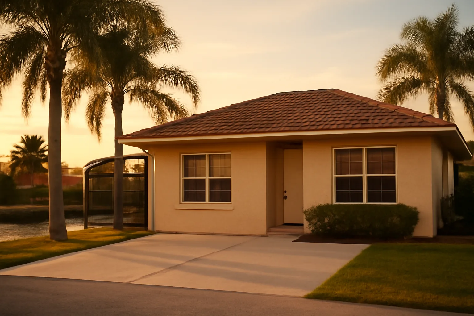 Canal-front Cape Coral rental home with pool cage at golden hour