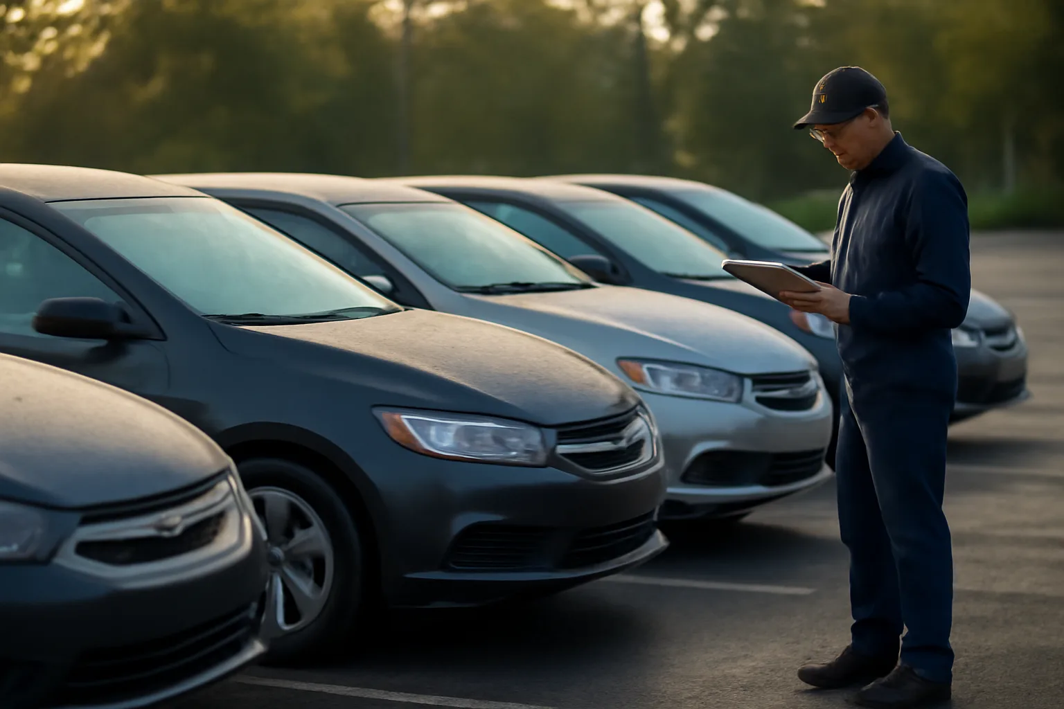 Rental cars parked in a small lot during car rental business registration process