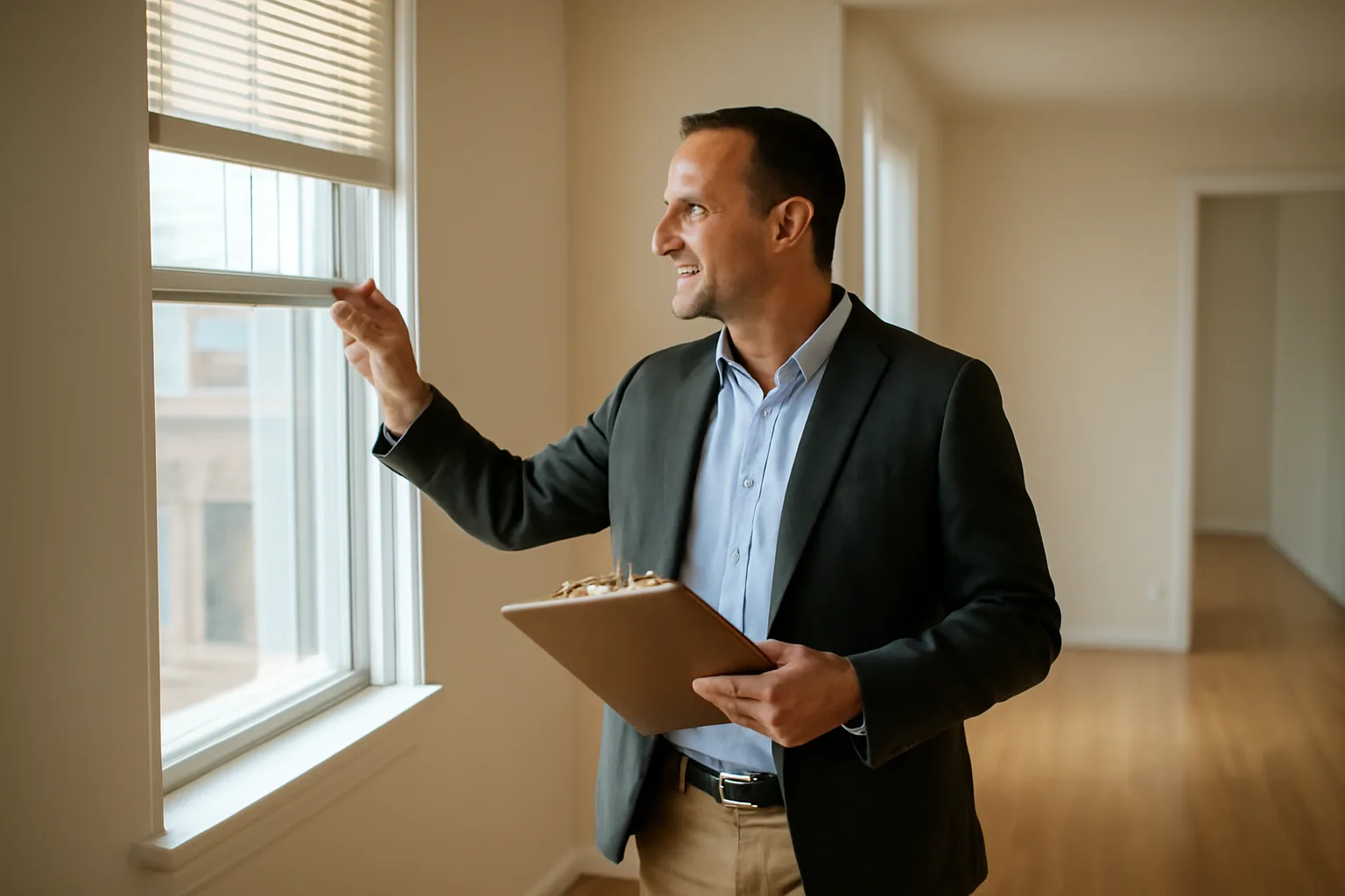 Landlord inspecting a window latch during a rental property walk-through inspection